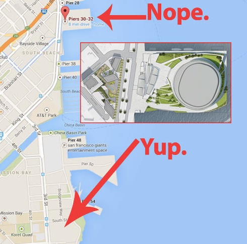 Real estate blog “Linked-in” graphically illustrates the Warriors petulant surrender to community concerns by switching the location of their new arena from prime waterfront property to the backwaters of Mission Bay. ”Move along, move along now. No story here.”